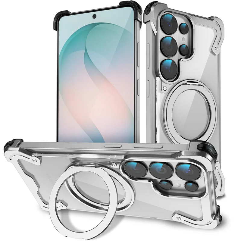 For Samsung Galaxy S24 S25 S26 Ultra Transparent Aluminum Alloy Frameless  Case For Magsafe 360°Rotate Magnetic Shockproof Cover
