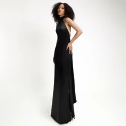 Sexy Halter Draped Backless Pearls Chains Maxi Dress Women Black White Sleeveless Slim Long Dresses Elegant Evening Party Gowns