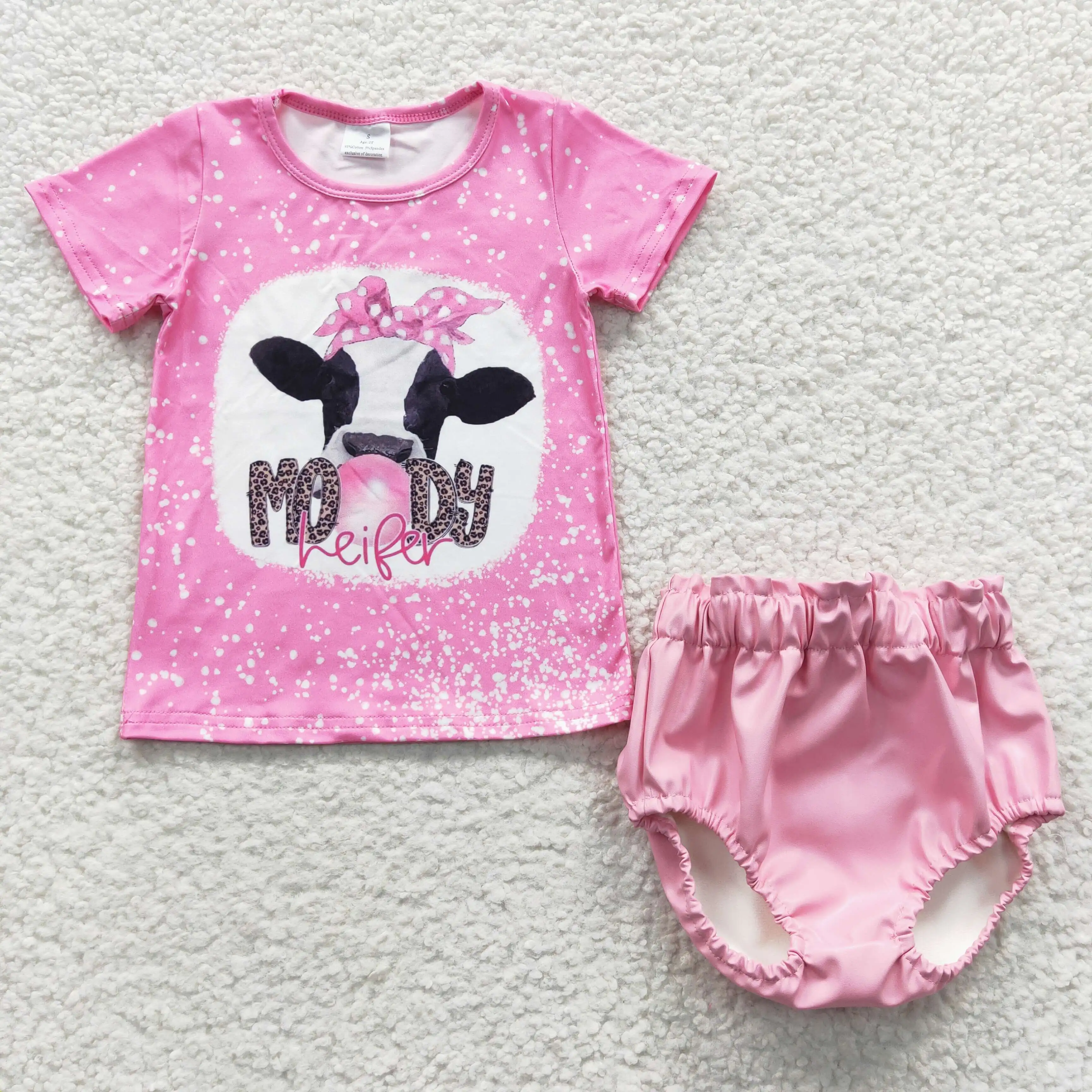 GT0128	SS0050 Baby Girls Clothes Moody Cow Pink Short Sleeve Top Leather Bummies Boomies Briefs Outfit