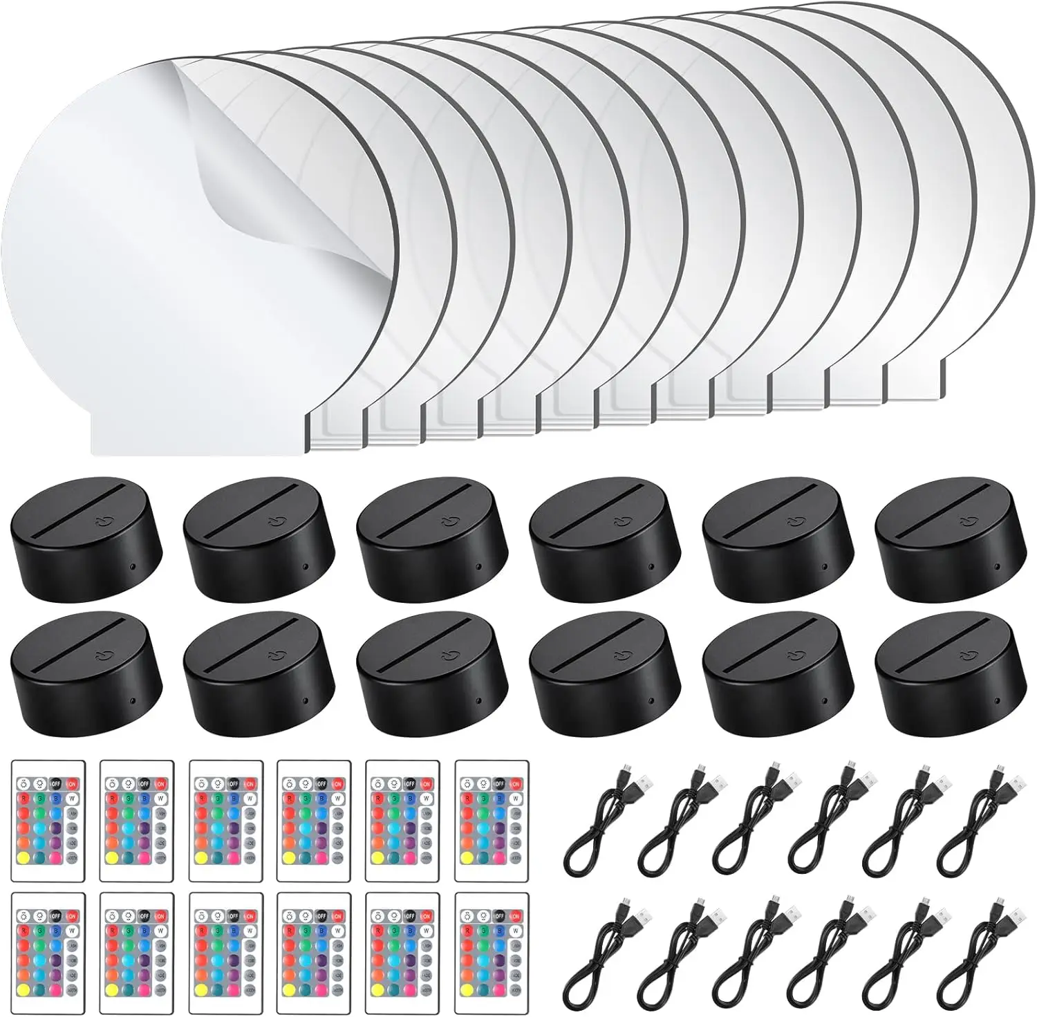 

12-Piece Clear Acrylic Sheets with 3D LED Light Bases, Remote Control & USB Cable for DIY Decoration