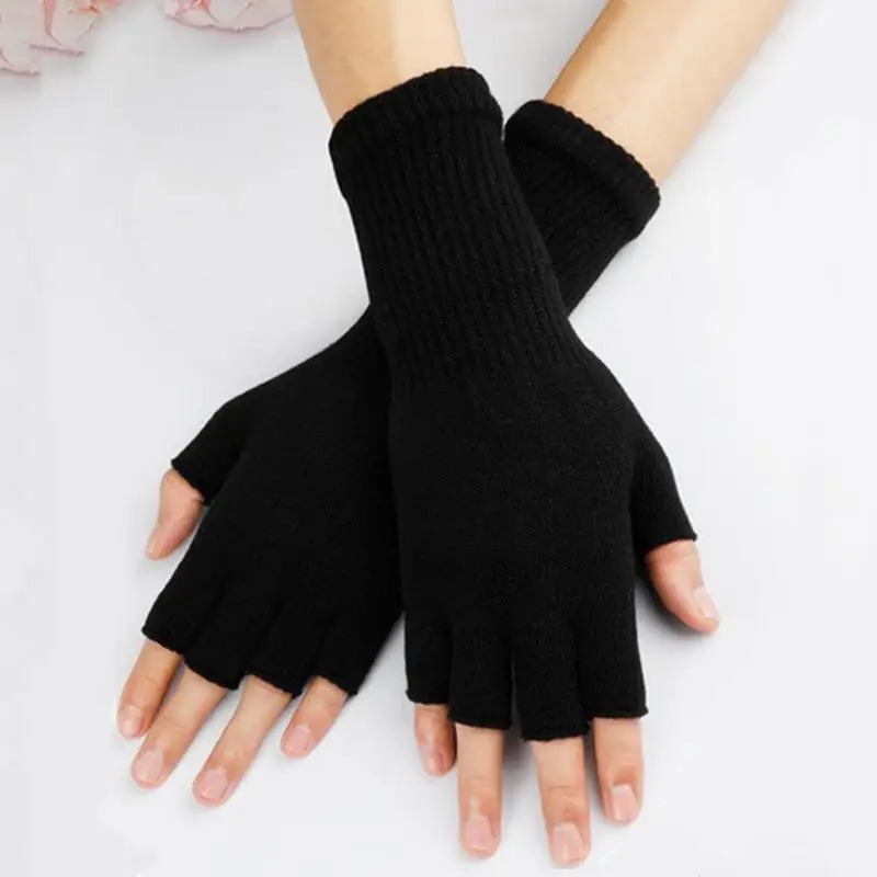 Women Winter Half Finger Gloves Warm Soft Wool Knitted Mittens Elegant Wrist Arm Hand Half Finger Elastic Short Gloves Guantes