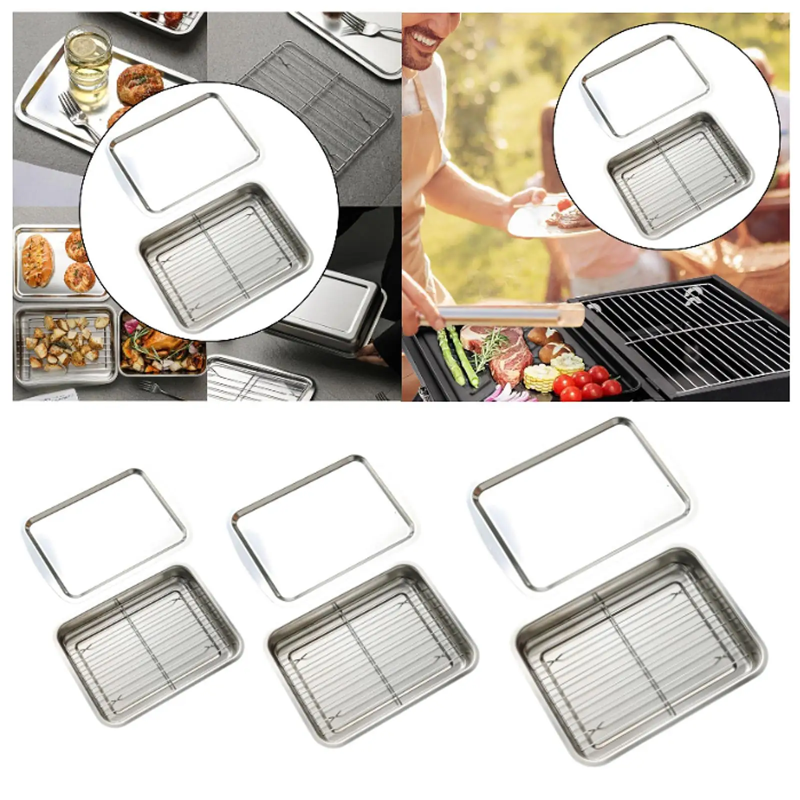 

Catering Pan with Wire Rack Baking Tray Stainless Steel Rectangle Baking Pan Cookie Pan for Roasting Casserole Buffet Cooking