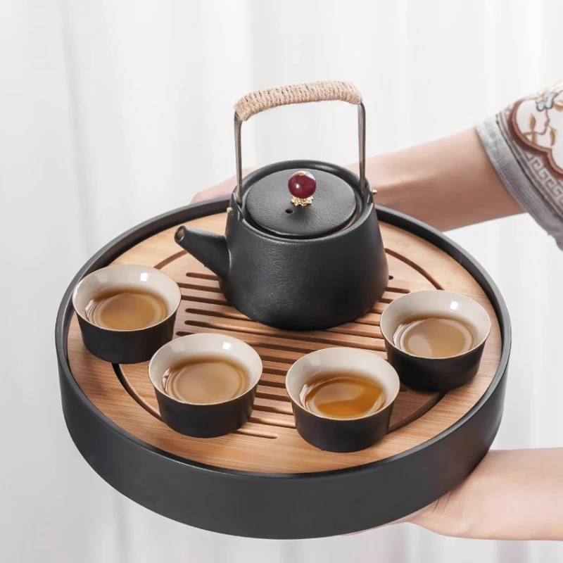 Black Clay Gongfu TeaSet with Compact Tray，Luxury Home Teaware Kit Includes Ceramic Teapot，Minimalist Zen Style for Small Spaces
