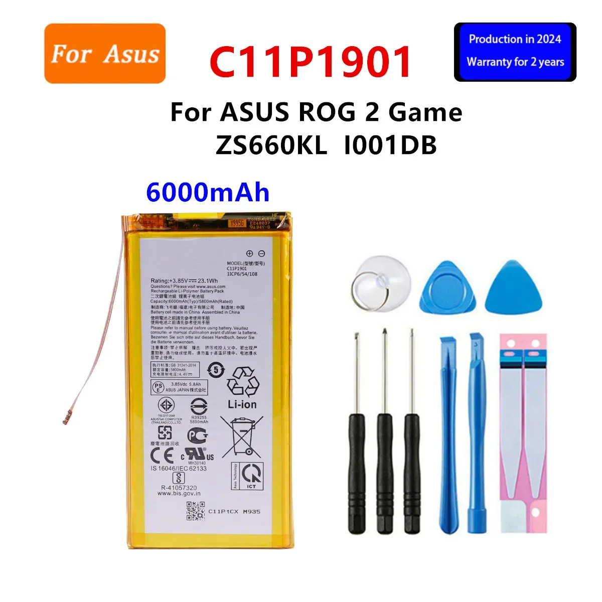 Brand New Battery C11P1901  6000mAh  For  ASUS ROG 2 Game  ZS660KL I001DB  Phone  Battery +Tools