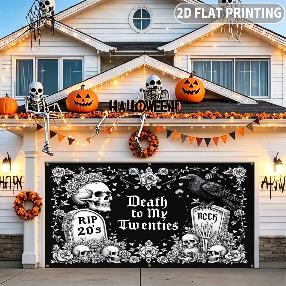 1pc 2D FLAT Halloween Party Garage Banner, Death To My Twenties Skull Roses Pattern, No Power Need, for Garage Door Decor