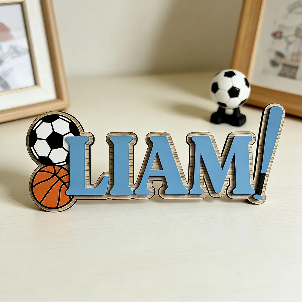 Custom Soccer Basketball Name Plaque for Boys Bedroom Unique Sports Bat Themed Wooden Door Hanger Gift