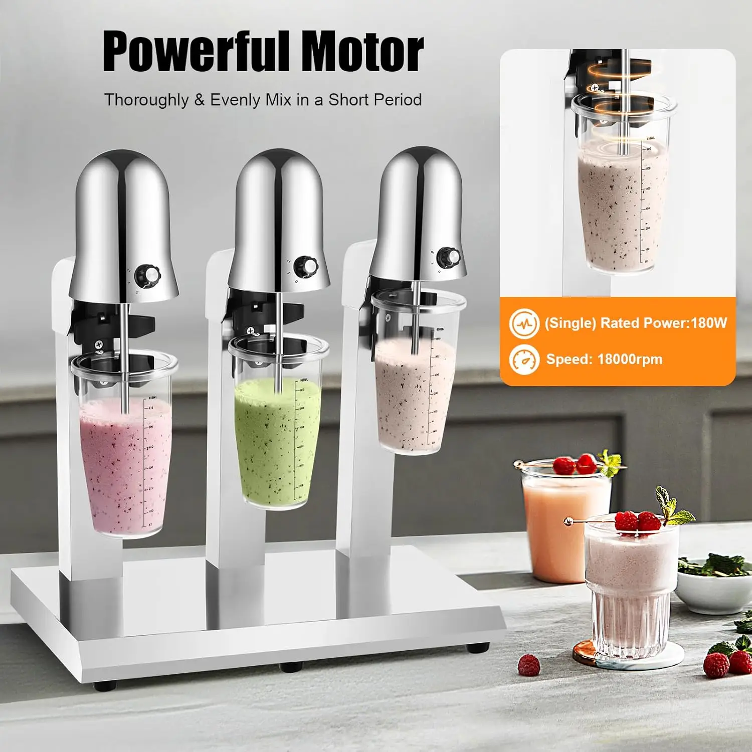 Milkshake Machine, 3-kops commerciële elektrische theedrankmix Milkshake Mixer Blenders met 6 kopjes, 18000 RPM roestvrij staal Melk S