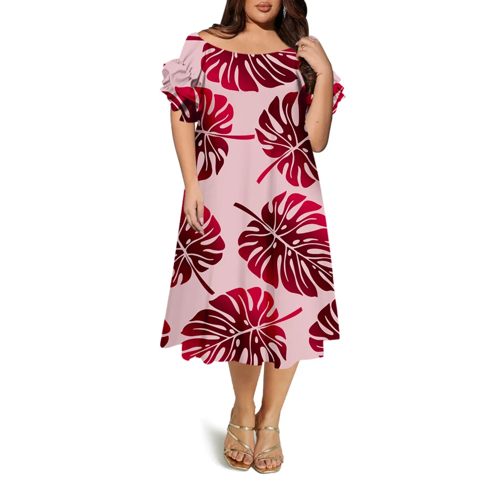 Novo estilo polinésia feminino vestido longo de manga curta vestido de um ombro padrão floral em camadas plissado fora do ombro vestido