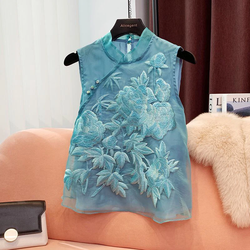 

Chinese Style Sleeveless Blouse Women Summer Blue Embroidery Chiffon Shirt Mandarin Collar Vest Shirts Boho Summer Chic Top