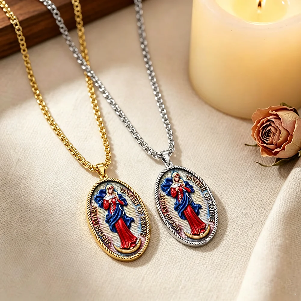 Virgin Mary Untier of Knot Oval Pendant Necklace Stainless Steel Enamel Colorful Picture Religious Medal Catholic Amulet Jewelry
