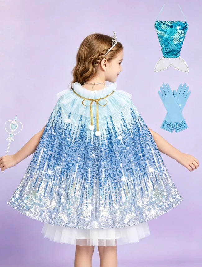 

Girls Gradient Sequin Mermaid Princess Cape Kids Fancy Style With Accessories For Birthday Party Stage Performance or Daily Wear