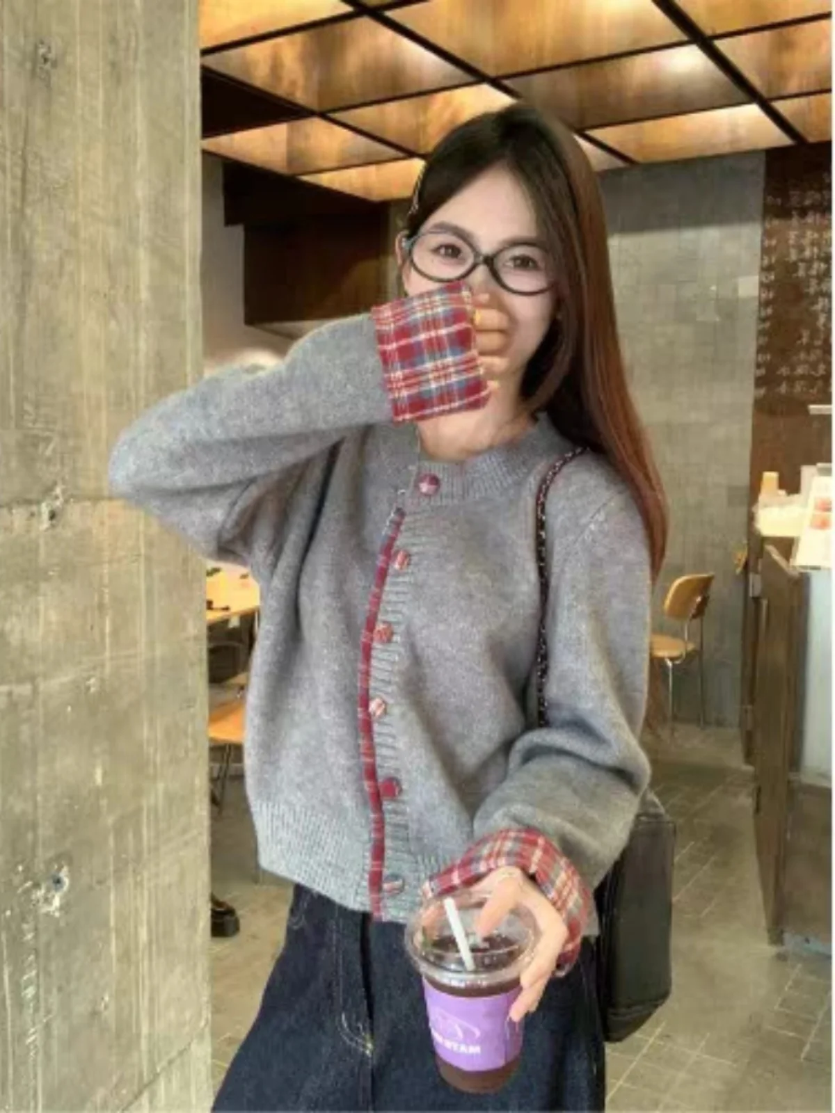 플레이드 라운드 네이 니트 스웨터 여성용 가을 겨울 빈티지 페이크 투피스 니트웨어 아우터웨어 한국 스타일 루즈핏