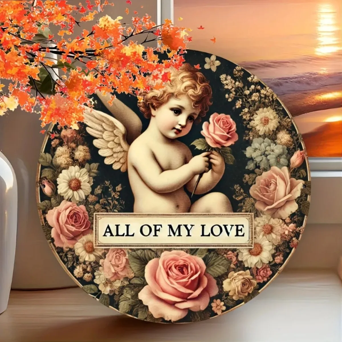 لافتة معدنية عتيقة الملاك (قطعة واحدة) | تصميم رومانسي ثنائي الأبعاد باللون الكحلي والذهبي | فن جداري قابل لإعادة الاستخدام | ديكور ساحر للمنزل #4