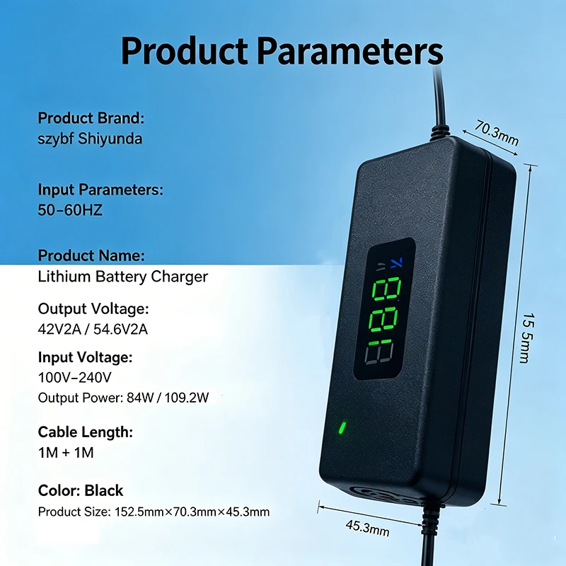 AC100-240V Digital-Display Lithium-Batterieladegerät 36V 42V / 48V 54.6V 2A Netzteiladapter DC-Stecker mit Lüfter EU US – Detail 5