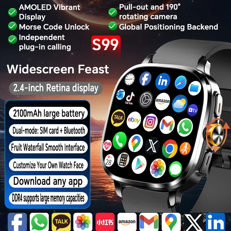 

S99 Smartwatch 5G With 2.4inch Amoled Screen 900W Rotating Camera WIFI GPS Position Compass NFC Bluetooth Smart Watch Men Women