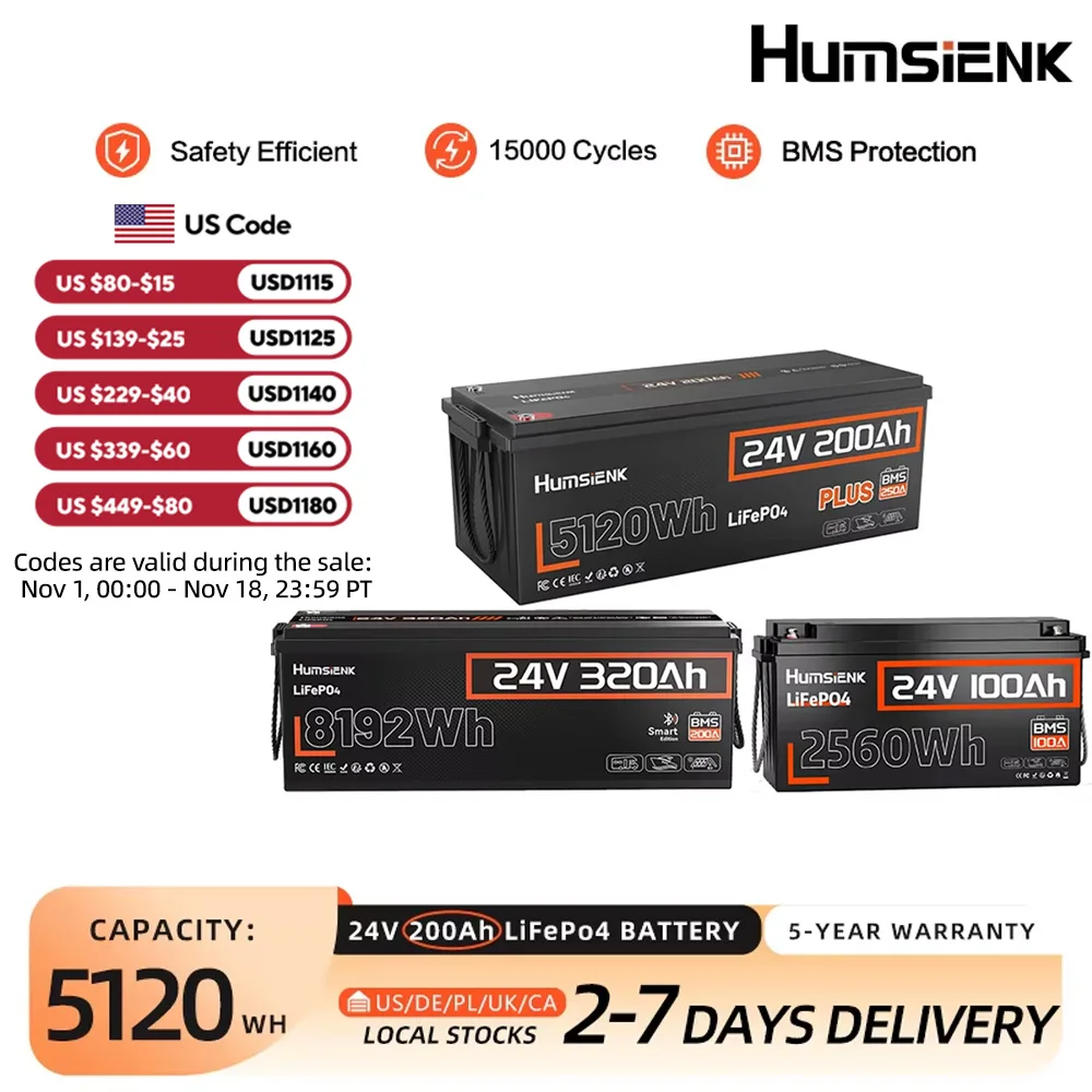 Humsienk 24V 100Ah/200Ah/320Ah LiFePO4 Battery, Built-in 100A/200A BMS, 15000+ Deep Cycle, Low-Temp Protection, MAX 15000+ Cycles For RV, Van, Golf Cart, Boat, Camper, Marine, Trolling Motor, Off-Grid, Solar Energy Storage, 5-Year Warranty