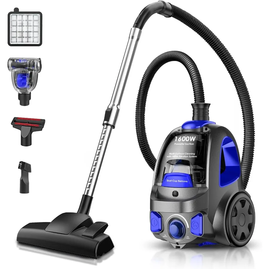 Canister Vacuum Cleaner 40Kpa 1600W Cyclon Power Bagless Canister Vacuum Cleaners for Home 3.7QT Large Dust Cup Lightweight Vac