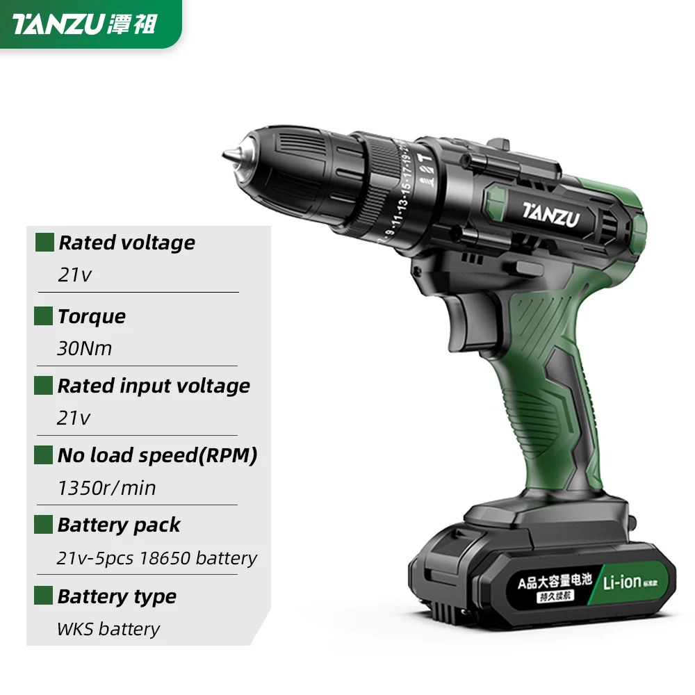 21V Cordless Drill With Impact Electric Driller 30Nm Torque Screwdriver WKS Li-ion Battery Wireless Power Tools 3/8-Inch Tanzu