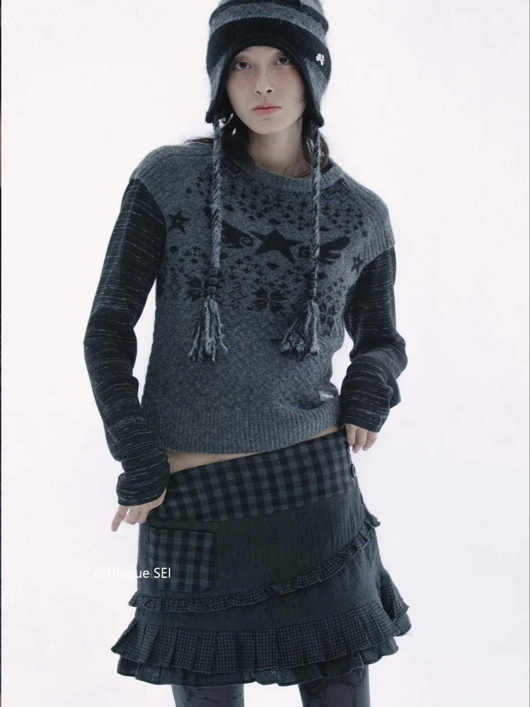 Autumn Winter Knitted Vest Top And Plaid Skirt Set with Wood Grain  Early Girl Feel Floral Embroidery Korean Style Women'...