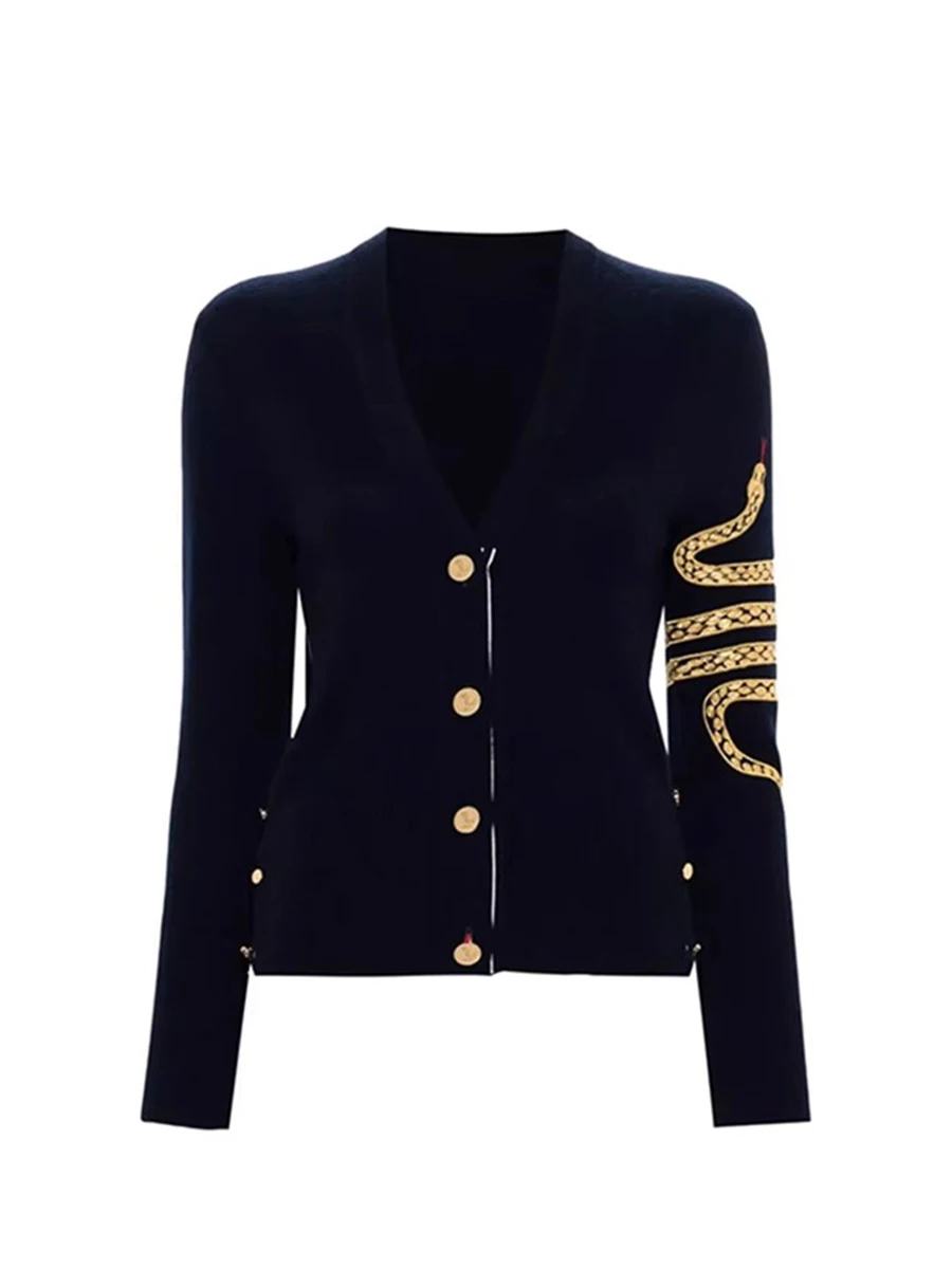 

Ele вязаный шерстяной открытый кардиган с вышивкой змеи, женский свободный кардиган с v-образным вырезом, весенне-осенний новый свитер, пальто в Корейском стиле