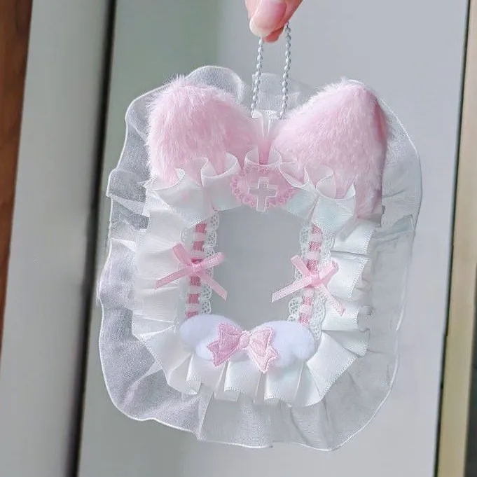 Sweet DIY Plush Photocard Holder with Ribbon Lace, Lolita Anime Style Idol Photo Display Protective Card Case Supplies
