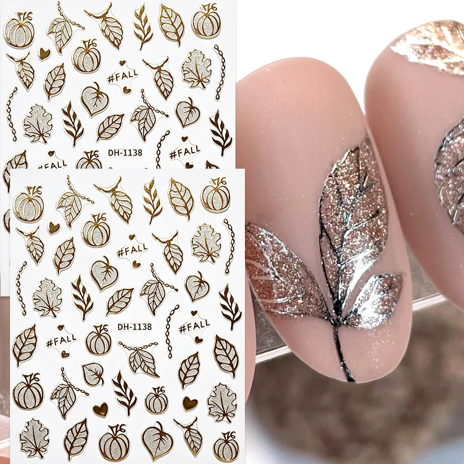 Glitter Leaf Autumn Maple Nail Stickers Metallic Gold Pumpkin Leaf Heart Chill Autumn Winter French Nail Decals Decor