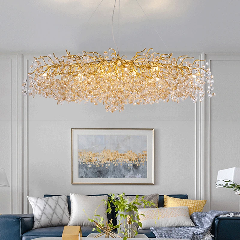 Romantic Oval Pendant Lights LED Luxury Crystal Golden Hanging Lamps for Ceiling Dining Table Lampara Home Decor Lustre Modern