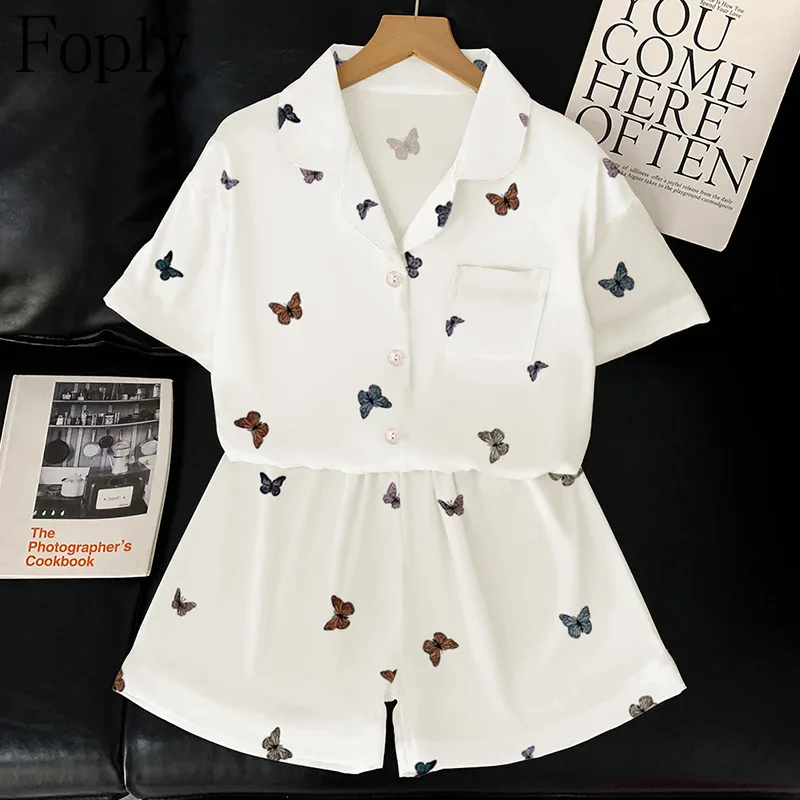 Women Pajamas Set White Butterfly Summer 2 Piece Pyjama Satin Silk Sleepwear Shortsleeve Top Shorts Pijama Pjs Loungewear