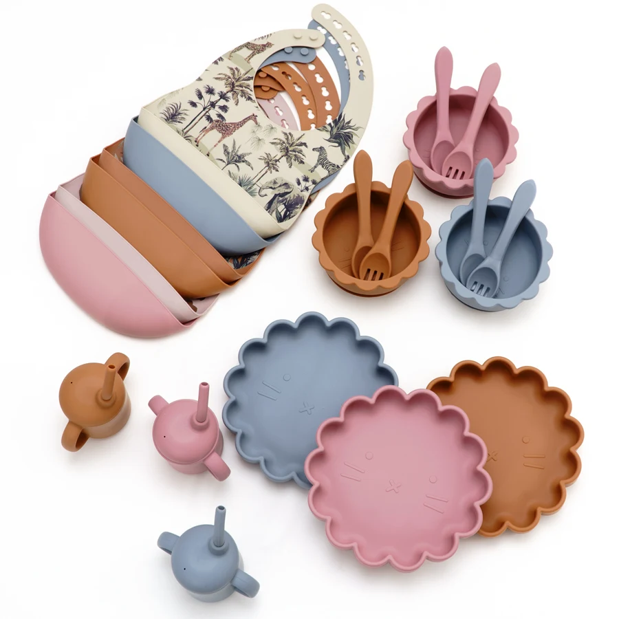 BPA Free Silicone Feeding Set Foldable Baby Cartoon Bibs Toddler Sucker Bowl Infant Cup Training Spoon Fork With Wooden Handle.