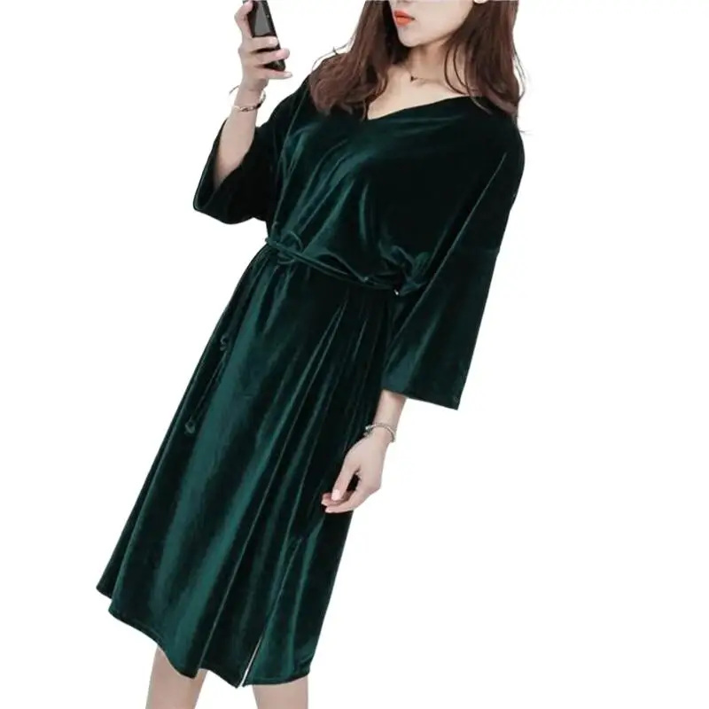 

Deep V Neck Knit Dress Side Slit With Belt 2024 velvet Long Womens Kintted Dress Autumn Wear Bottoming Vintage Dress Free