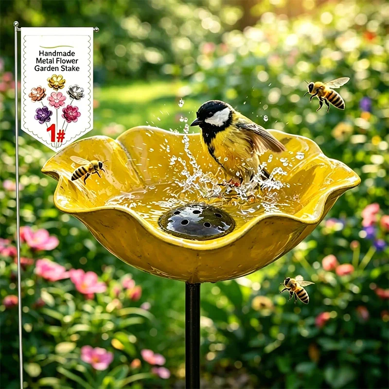 Metal Petal Bird Drinking Water Feeder Garden Stakes Bird Bath Handmade Bee Watering Station Bath Bowl For Outdoor Yard Decor