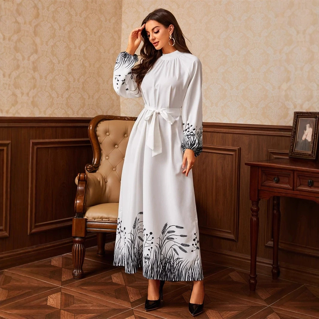 Frühling und Herbst Ramadan Marokko Nahen Osten Langes Kleid Saudi-Arabien Kleid Bedruckter Gürtel Rundhals Dubai Islamisches Langes Kleid
