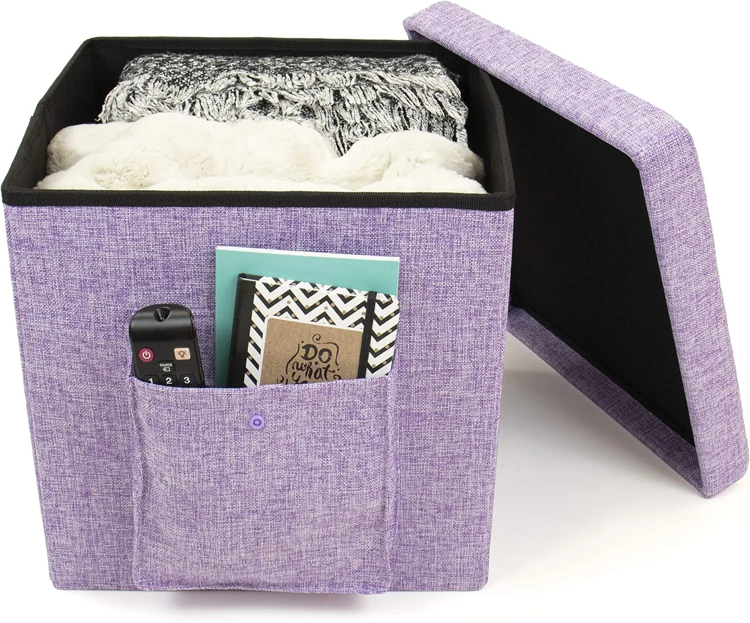 

Folding Storage Ottoman Cube With Exterior Multi-Purpose Pocket, Purple Small