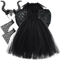 Black Maleficant Long Costumes for Girls Witch Queen Halloween Lined Dresses with Horns Feather Wings Kids Full Length Outfit