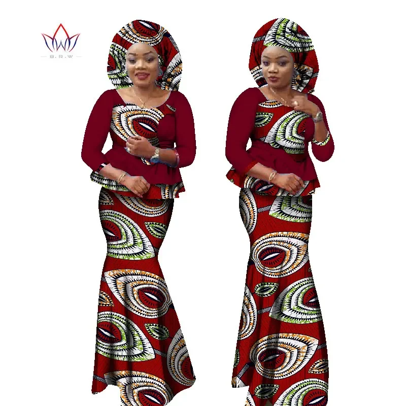 

2 Piece Outfit Set Women African Print Clothing Patchwork Ruffles Tops and Long Skirt Set Headtie Bazin Riche Plus Size WY1304