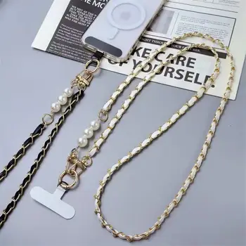 Šňůrka na telefon pro ženy s dlouhým koženým tkaným kovovým řetízkem s perlovým pouzdrem na telefon, univerzální šňůrka na telefon, diagonální křížová dekorace na tašku 10 nejlepší prodej Cordon telefon - №5