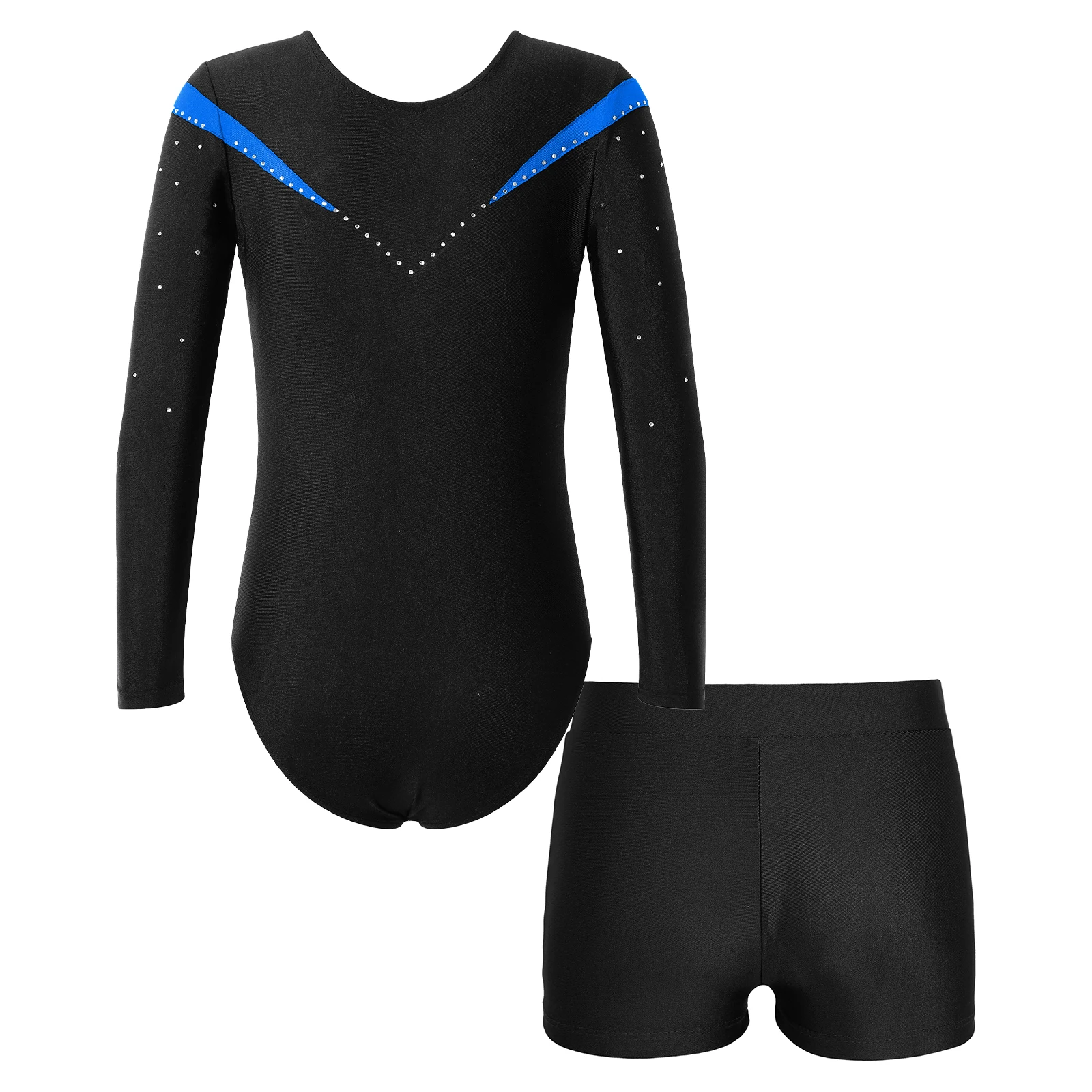 Kinder Mädchen Langarm glänzenden Strass Ballett Tanz Trikot mit V-Front Bund Shorts für Tanzsport Gymnastik Training