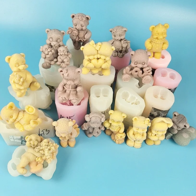 Bears Mold Strap Pants Girl Bear, Holding Rabbit Doll Soap Molds Silicone 3D Wedding Birthday Clay Resin Mould