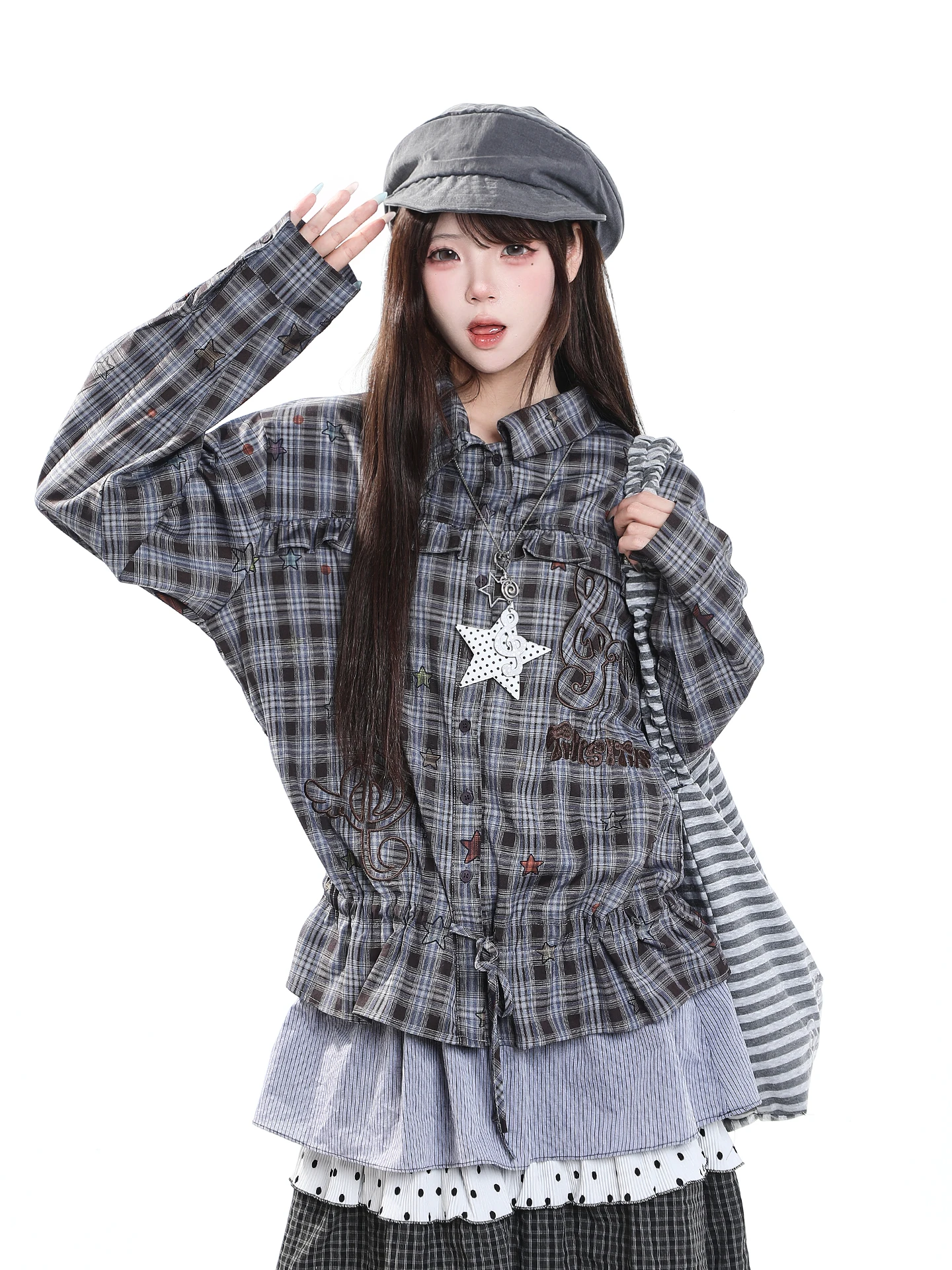 Retro American Plaid Long Sleeve Shirt Women's Loose Design Drawstring Waist Casual Top Autumn 2026 Comfortable Breathable