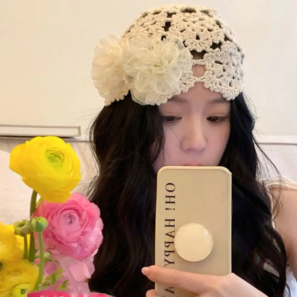 

Retro Pearl Hollowed Out Knitted Hat Elegant Thin Bohemian Style Beanies Floral Korean Crochet Flower Hat Girls