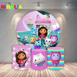 Gabby's Dollhouse Backdrop Round Cover Girls Birthday Party Decor Cute Cats Vinyl Polyester Photo Background Cylinder Covers