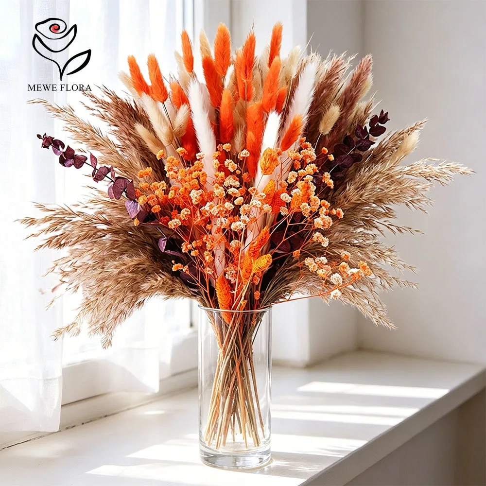 Herbstlicher Orangen-Mix Trockenblumenstrauß mit Hasenschwanz-Pampasgras für Herbst-Erntedankfest Wohnzimmer Bauernhaus Vasen-Dekoration