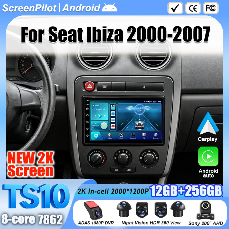 Android 16 For Seat Ibiza 2000 -2007 Car Radio Stereo Head Unit Multimedia Video Player GPS Navigation 2K QLED 9 Inch 8 Core 5G