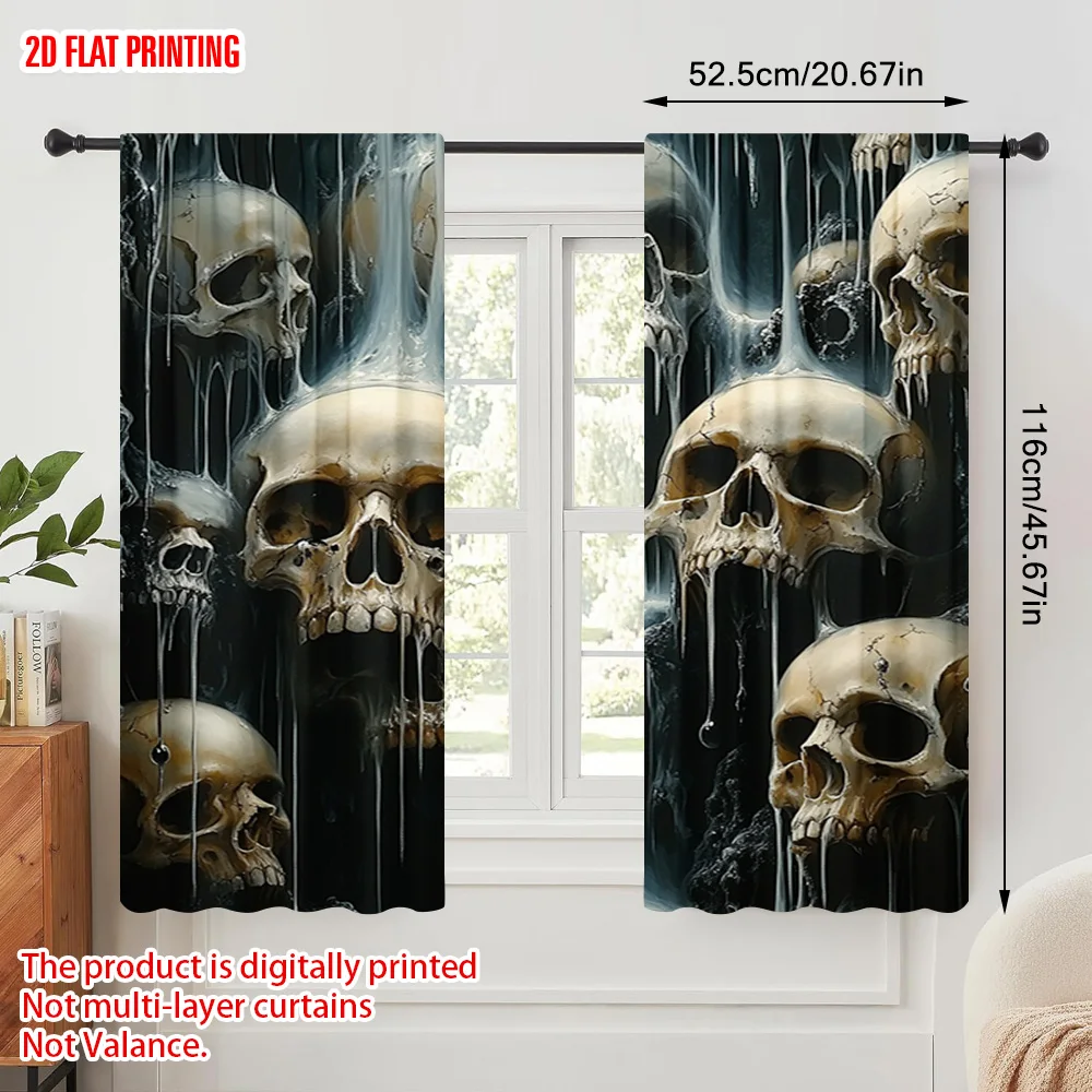 2pcs,2D plane printing Pattern Curtains Skull Polyester Woven (without rod) Outdoor Decorations for Study, Living Room, Kitchen