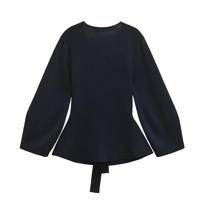 YENKYE Women Navy Blue With Belt Knit Blazer Long Sleeve V Neck Slim Autumn Jacket Coat Elegant Lady Outfits