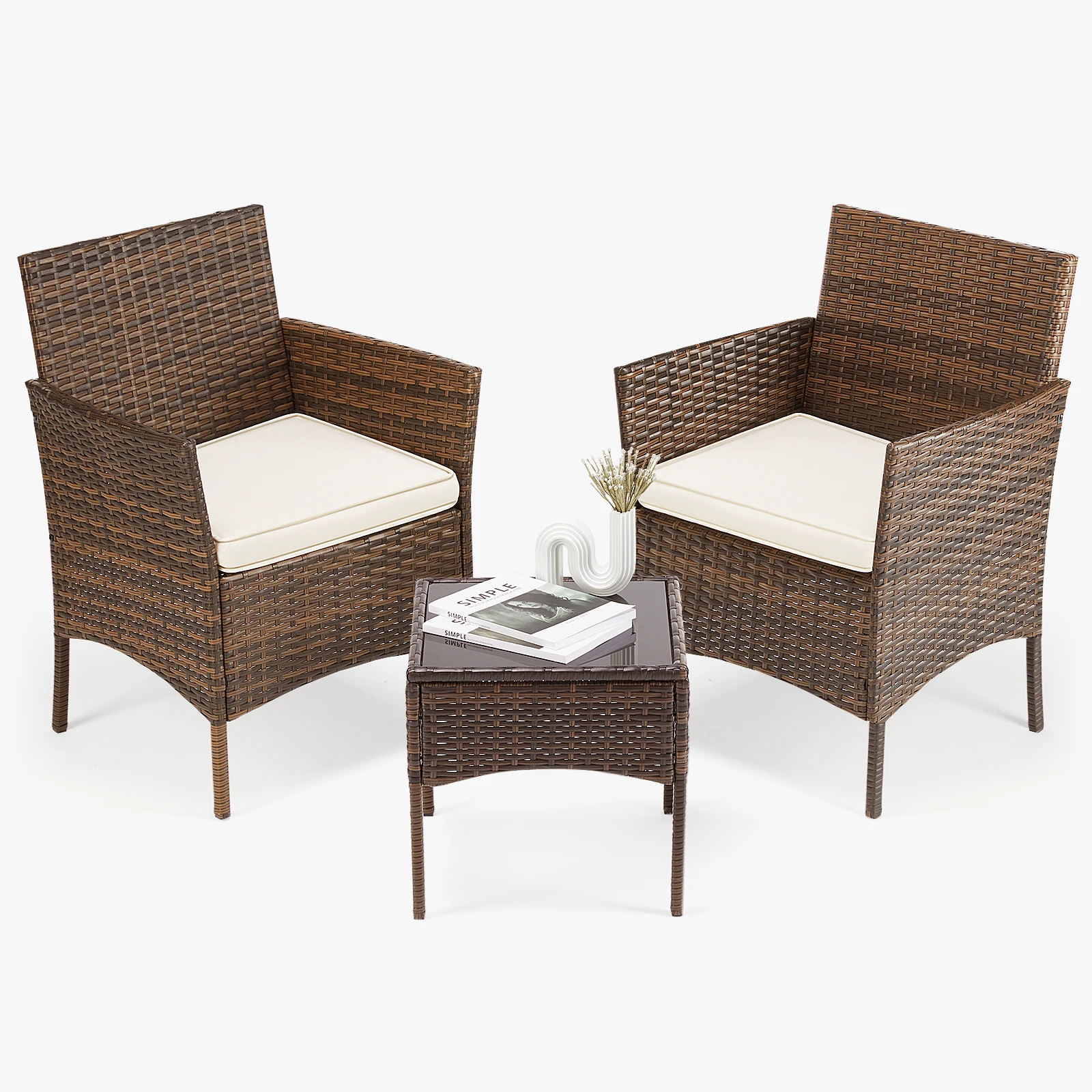 JHK Outdoor Patio Furniture Set 3 Pieces with Soft Cushion and Glass Table Manual Weaving Wicker Rattan Patio Chairs For Garden image 6