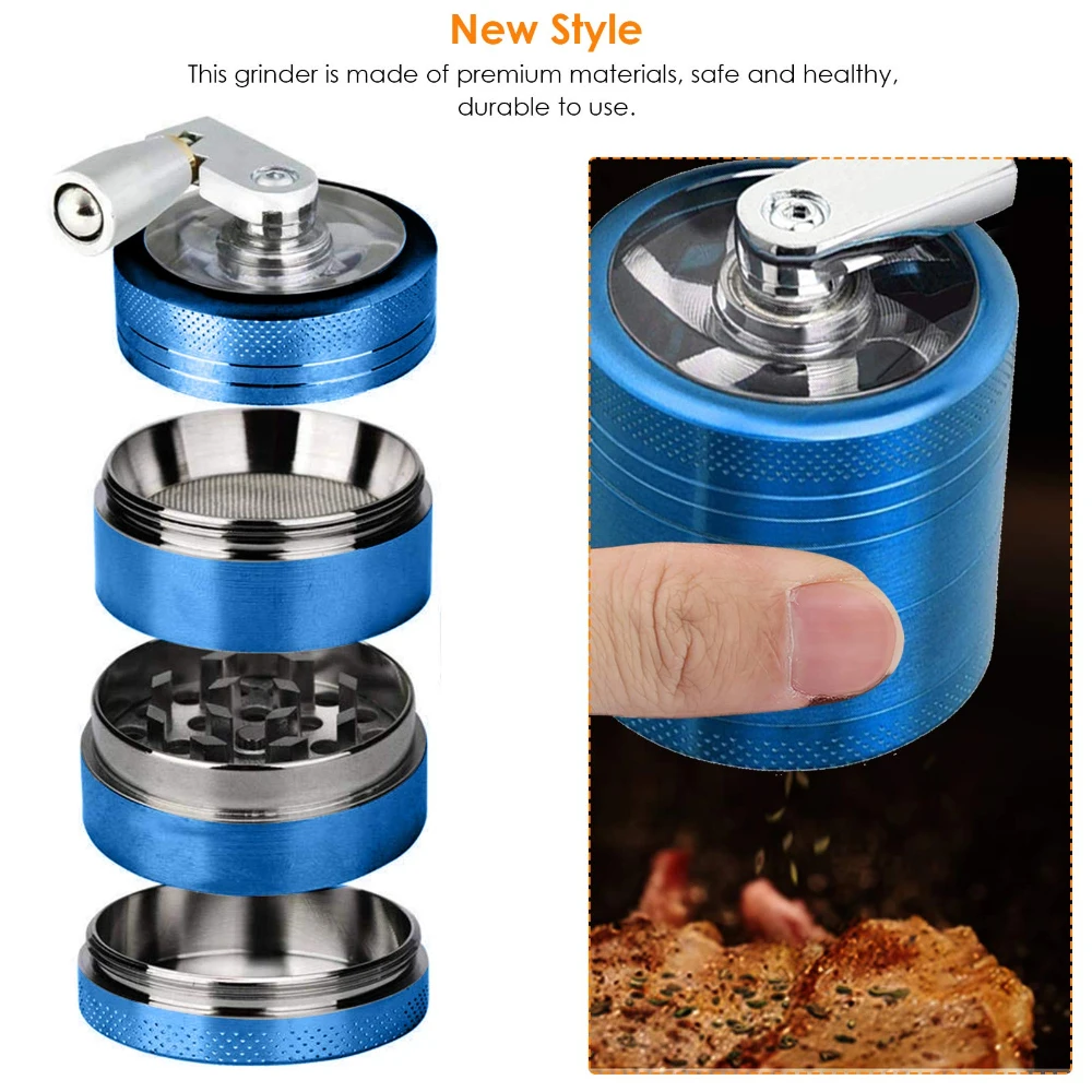 Grinder with Hand Cranked Spice Grinder 4 Layers Zinc Alloy with Pollen Catcher Durable Aluminium Spice Grinder for Kitchen