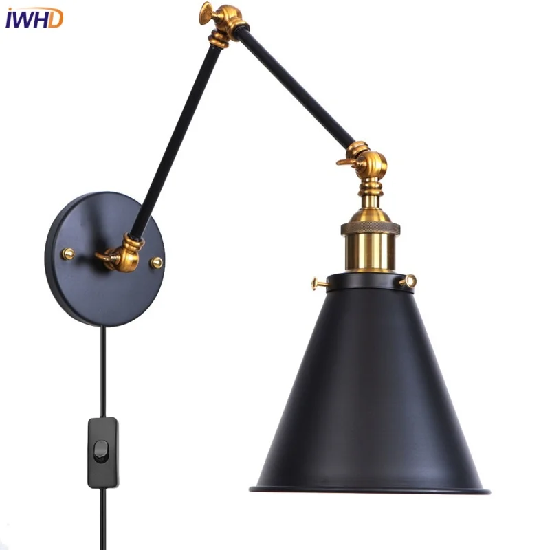 IWHD Swing Arm Retro LED Wall Light Sconce Study Aisle Hallway Black Industrial Vintage Loft Iron Plug In Bedside Lamp Wandlamp