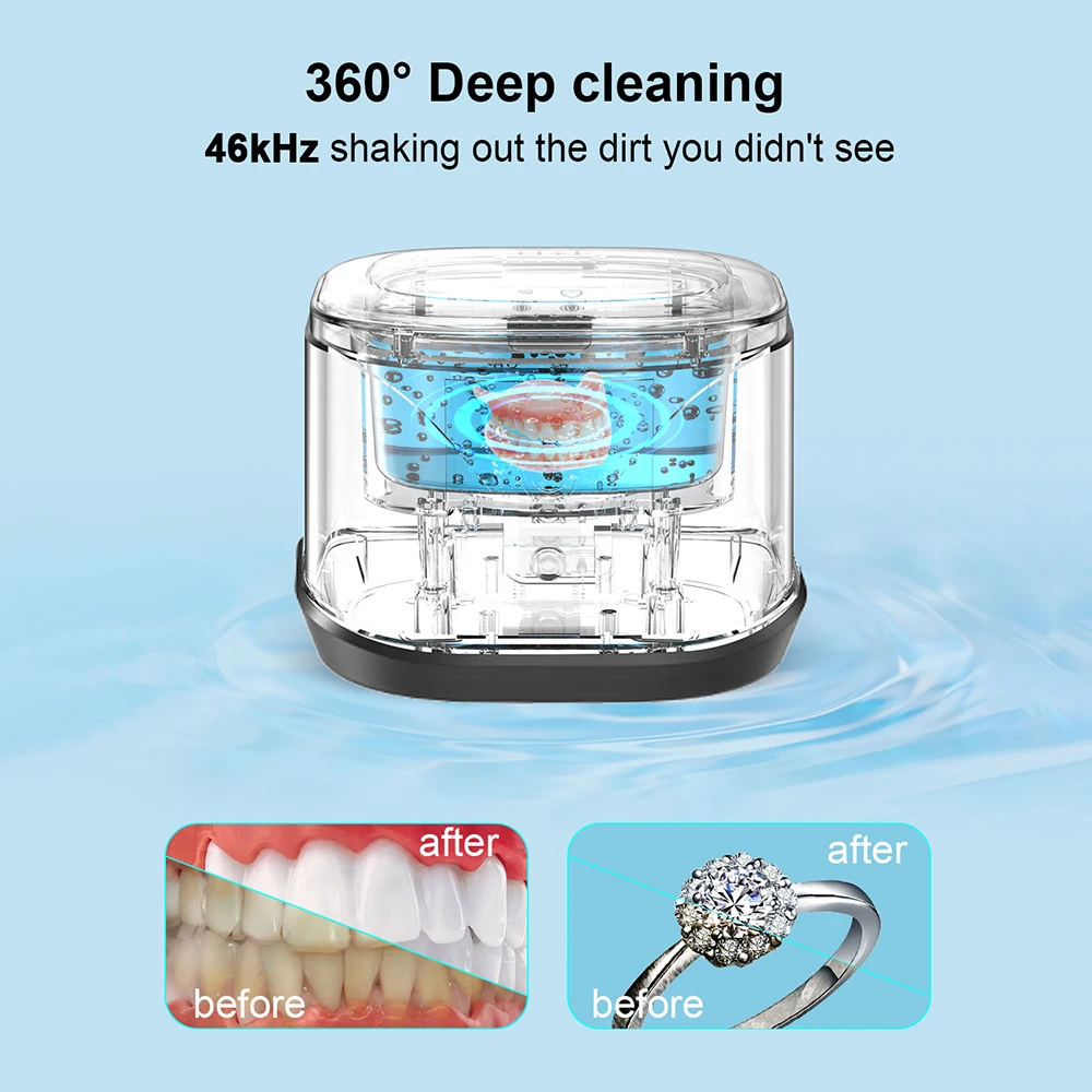เครื่องทําความสะอาดอัลตราโซนิก 46000Hz เครื่องทําความสะอาดอัญมณีอัลตราโซนิกแบบพกพาสําหรับทันตกรรมยึดปากยามนาฬิกาแหวนทําความสะอาดอาบน้ํา