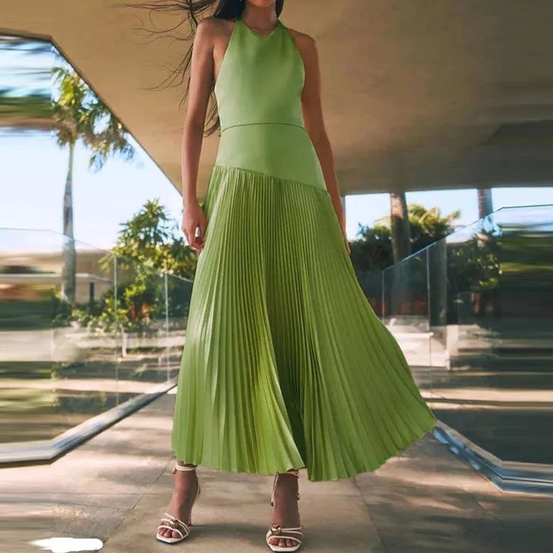 섹시한 홀터 슬리브리스 홀로우 아웃 플리츠 드레스 우아한 새틴 스플라이스 이브닝 드레스 패션 솔리드 컬러 슬림 빅 헴 롱 드레스